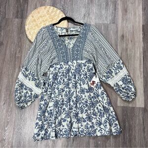NWT sincerely Jules boho blue balloon long sleeve mini dress‎